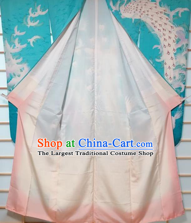 Traditional Japanese Geisha Peacock Pattern Blue Furisode Kimono Japan Yukata Dress Costume for Women