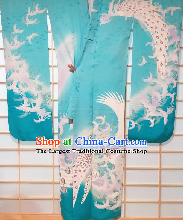 Traditional Japanese Geisha Peacock Pattern Blue Furisode Kimono Japan Yukata Dress Costume for Women