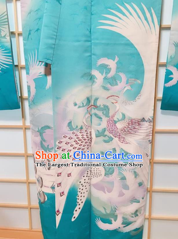 Traditional Japanese Geisha Peacock Pattern Blue Furisode Kimono Japan Yukata Dress Costume for Women