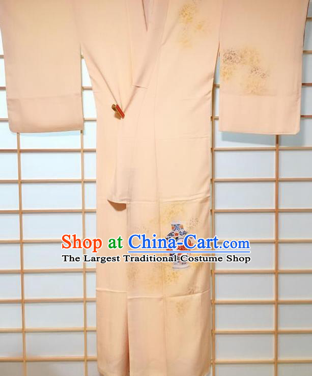 Japanese Traditional Painting Vase Pattern Beige Tsukesage Kimono Japan Yukata Dress Costume for Women