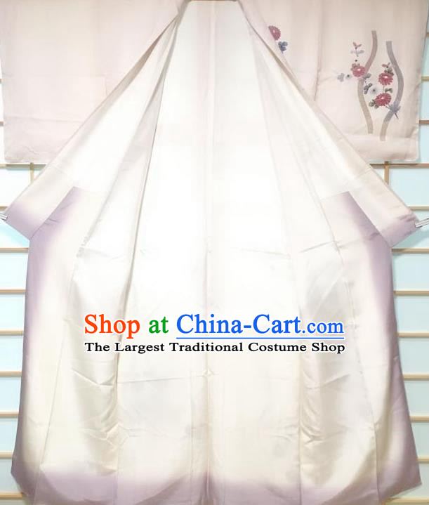 Japanese Traditional Printing Chrysanthemum Beige Tsukesage Kimono Japan Yukata Dress Costume for Women