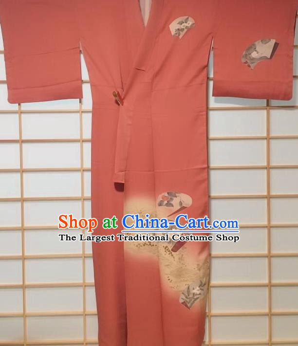 Japanese Traditional Printing Peony Watermelon Red Tsukesage Kimono Japan Yukata Dress Costume for Women