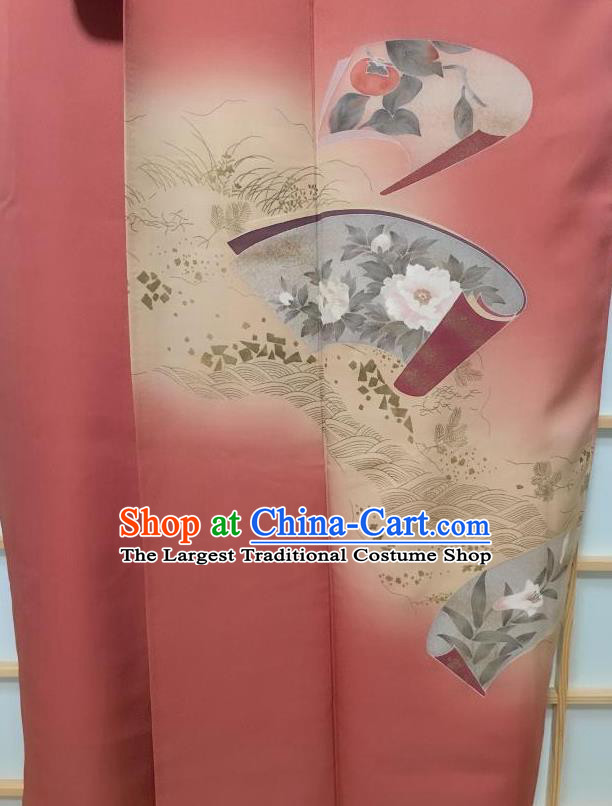 Japanese Traditional Printing Peony Watermelon Red Tsukesage Kimono Japan Yukata Dress Costume for Women