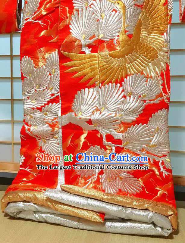 Traditional Japanese Geisha Pine Crane Pattern Red Furisode Kimono Japan Yukata Long Over Dress Costume for Women