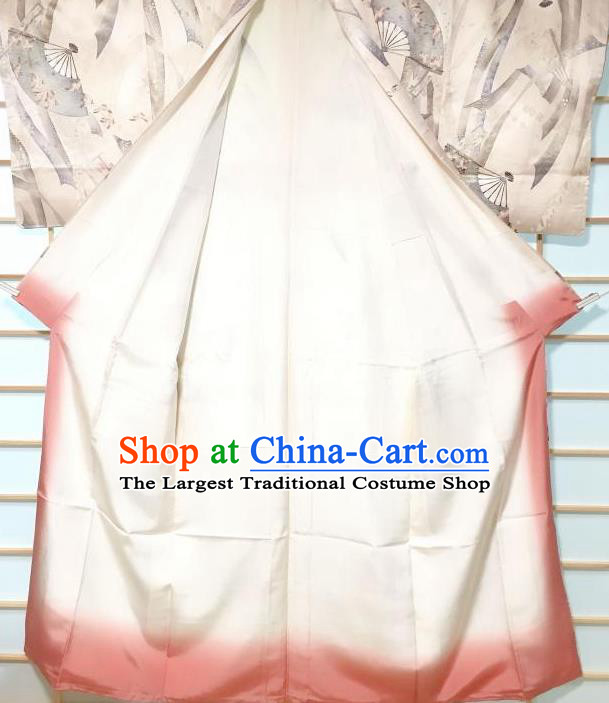 Traditional Japanese Geisha Printing Chrysanthemum Fan Beige Furisode Kimono Japan Yukata Dress Costume for Women