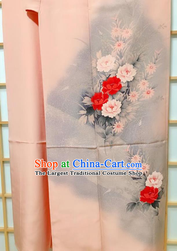 Japanese Classical Printing Peony Pink Tsukesage Kimono Japan Traditional Yukata Dress Costume for Women