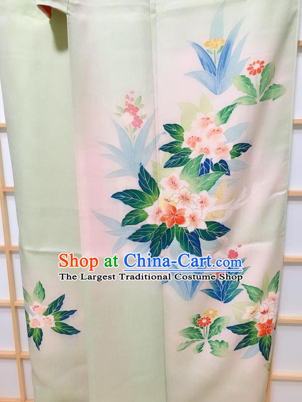 Japanese Classical Printing Flowers Light Green Silk Tsukesage Kimono Japan Traditional Yukata Dress Costume for Women