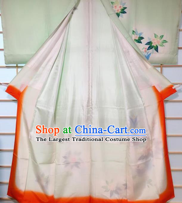 Japanese Classical Printing Flowers Light Green Silk Tsukesage Kimono Japan Traditional Yukata Dress Costume for Women