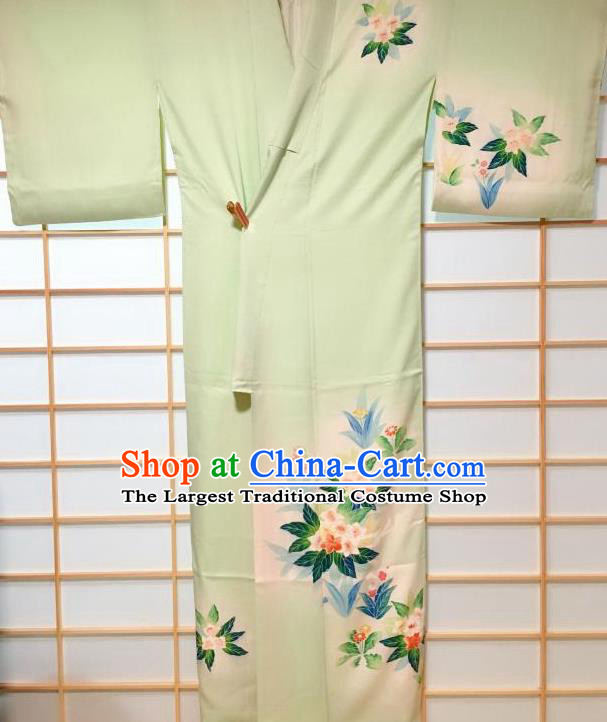 Japanese Classical Printing Flowers Light Green Silk Tsukesage Kimono Japan Traditional Yukata Dress Costume for Women