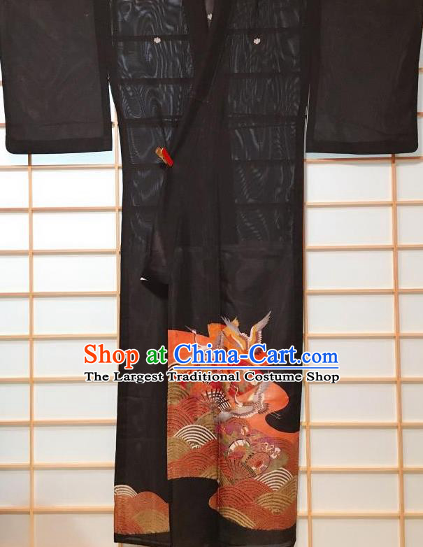 Japanese Classical Printing Crane Fan Black Kurotomesode Kimono Japan Traditional Yukata Dress Costume for Women