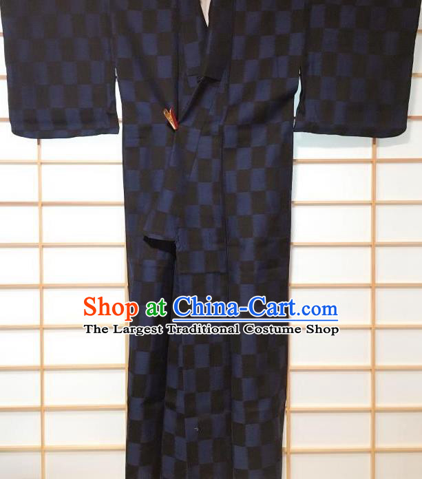 Traditional Japanese Classical Grid Pattern Black Kimono Asian Japan Yukata Costume for Men
