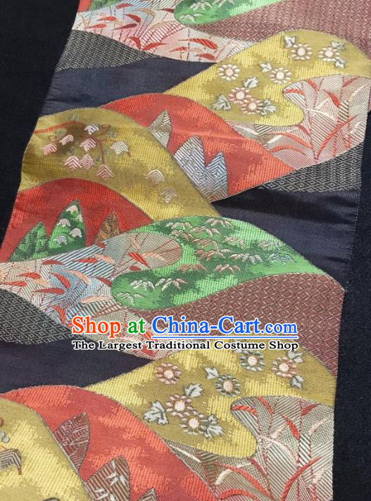 Japanese Nagoya Traditional Embroidered Black Brocade Waistband Japan Kimono Yukata Belt for Women