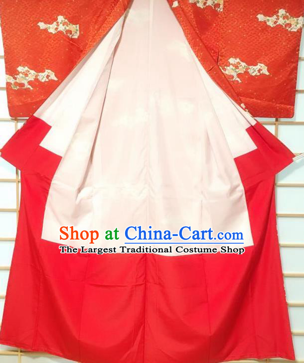 Japanese Traditional Cloud Peony Pattern Orange Edo Komon Kimono Japan Yukata Dress Costume for Women
