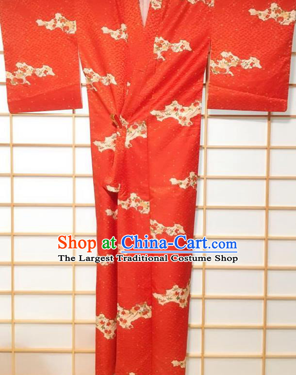 Japanese Traditional Cloud Peony Pattern Orange Edo Komon Kimono Japan Yukata Dress Costume for Women