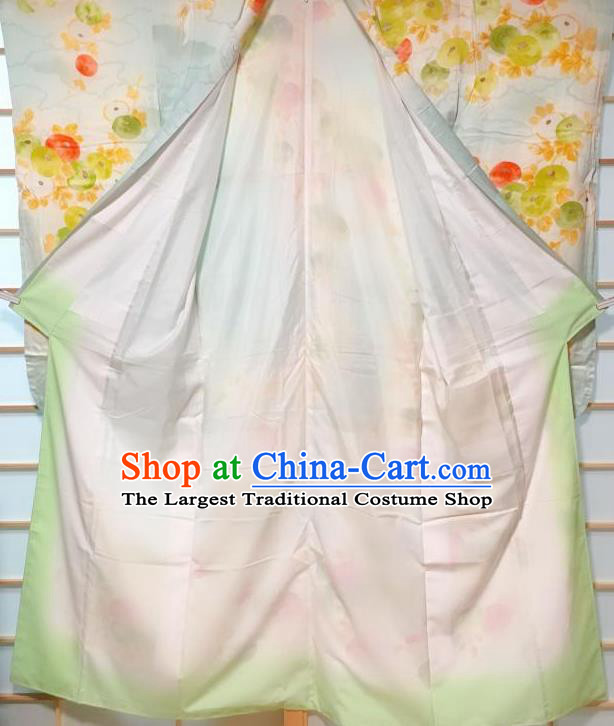 Japanese Traditional Persimmon Pattern Light Blus Silk Furisode Kimono Japan Yukata Dress Costume for Women