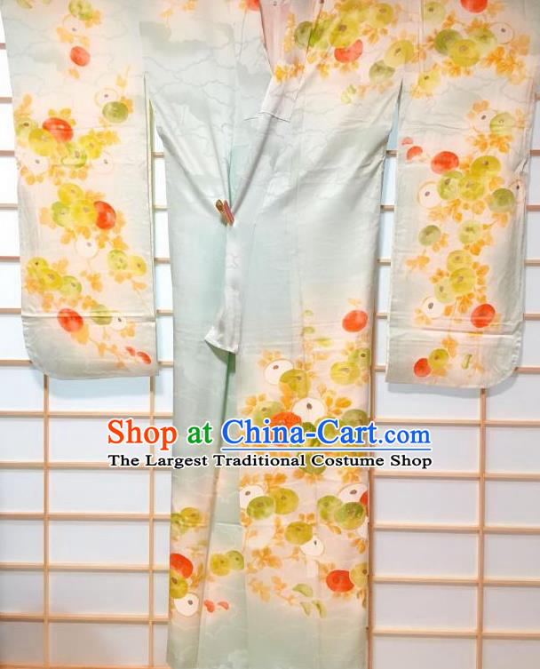 Japanese Traditional Persimmon Pattern Light Blus Silk Furisode Kimono Japan Yukata Dress Costume for Women