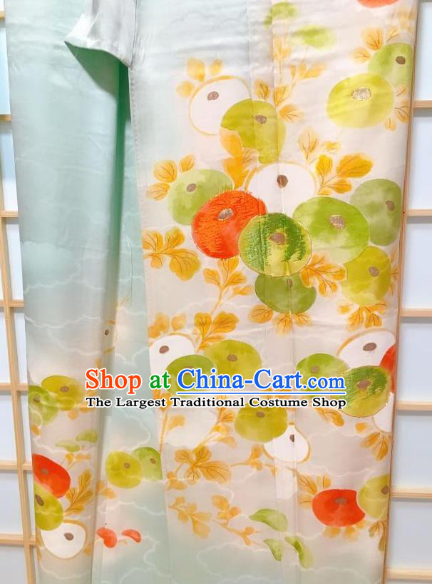 Japanese Traditional Persimmon Pattern Light Blus Silk Furisode Kimono Japan Yukata Dress Costume for Women