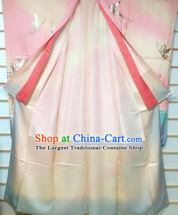 Japanese Traditional Peacock Pattern Pink Furisode Kimono Japan Yukata Dress Costume for Women