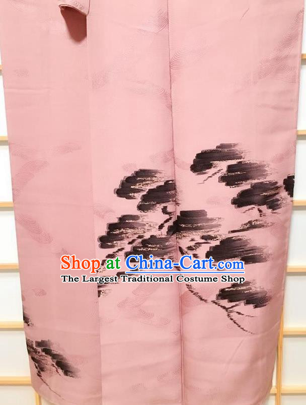 Japanese Traditional Ink Pine Pattern Deep Pink Kimono Japan Yukata Dress Costume for Women