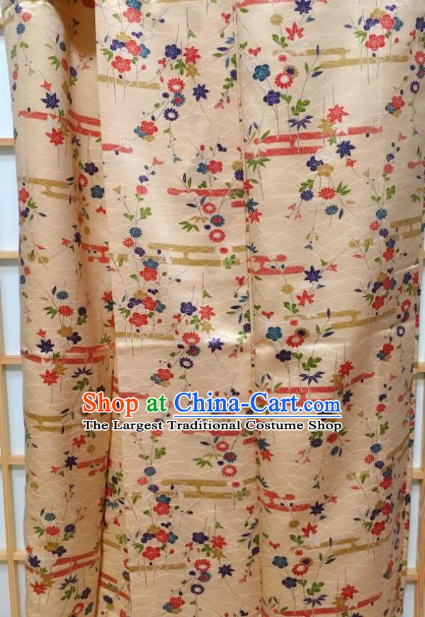 Japanese Traditional Flower Pattern Beige Silk Komon Kimono Japan Yukata Dress Costume for Women