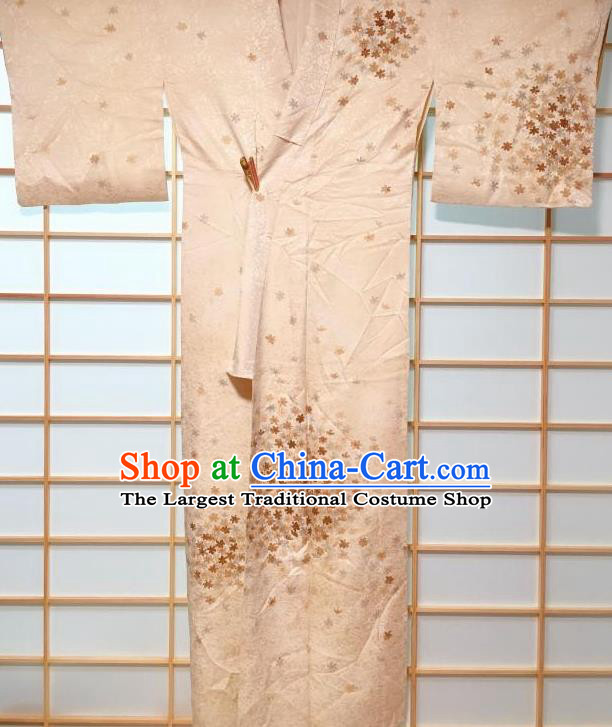 Japanese Traditional Leaf Pattern Beige Silk Tsukesage Kimono Japan Yukata Dress Costume for Women