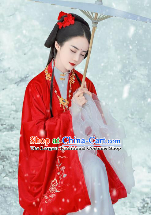 Ancient Chinese Ming Dynasty Court Lady Red Hanfu Dress Replica Costumes and Headpiece for Women