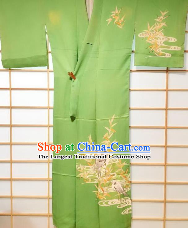Japanese Classical Printing Egret Green Tsukesage Kimono Japan Traditional Yukata Dress Costume for Women