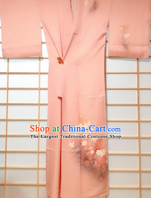 Japanese Classical Printing Mangnolia Pink Tsukesage Kimono Japan Traditional Yukata Dress Costume for Women