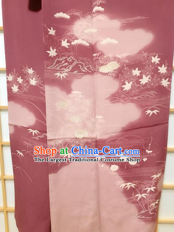 Japanese Classical Printing Bamboo Leaf Amaranth Tsukesage Kimono Japan Traditional Yukata Dress Costume for Women