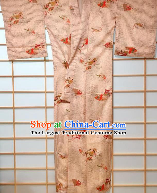 Japanese Classical Printing Apricot Tsukesage Kimono Japan Traditional Yukata Dress Costume for Women