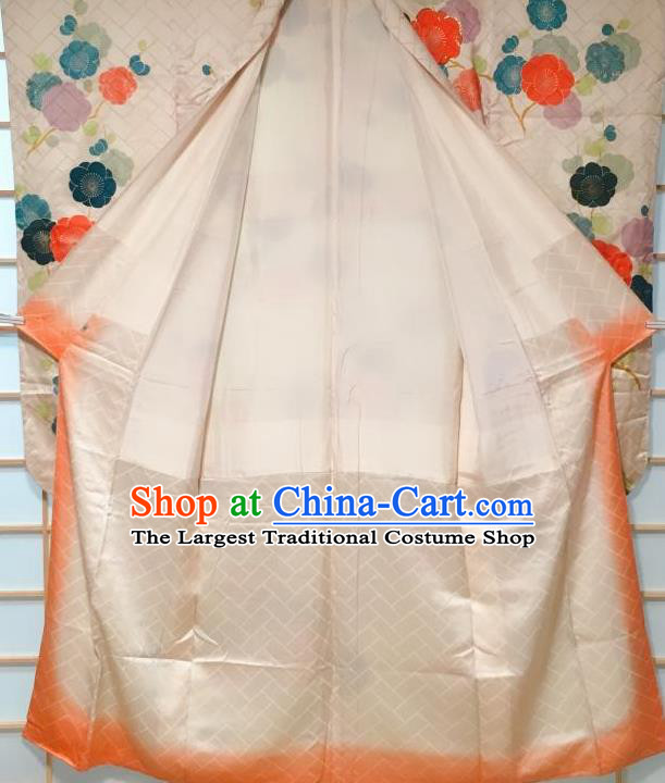 Traditional Japanese Beige Furisode Kimono Japan Classical Plum Blossom Pattern Yukata Dress Costume for Women