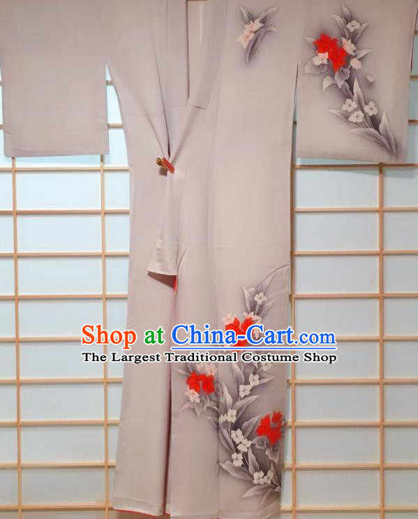 Traditional Japanese Grey Tsukesage Kimono Japan Classical Flowers Pattern Yukata Dress Costume for Women