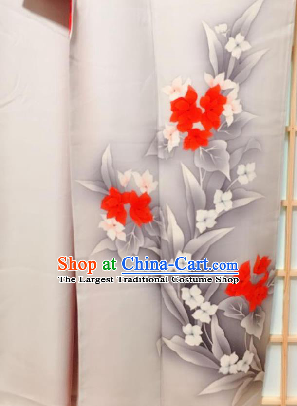Traditional Japanese Grey Tsukesage Kimono Japan Classical Flowers Pattern Yukata Dress Costume for Women