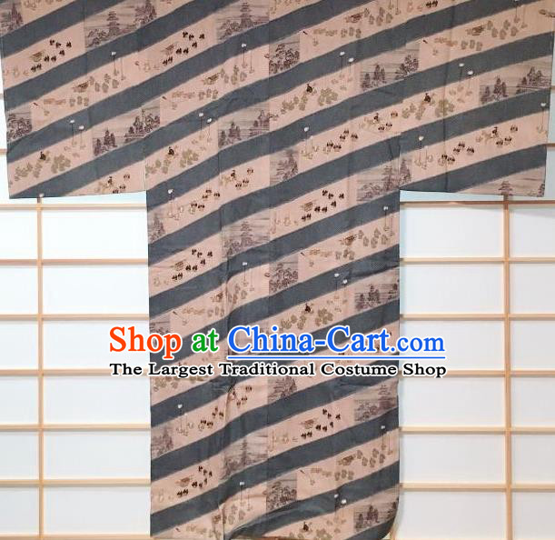 Traditional Japanese Ukiyoe Pattern Ginger Hanten Kimono Japan Yukata Costume for Men