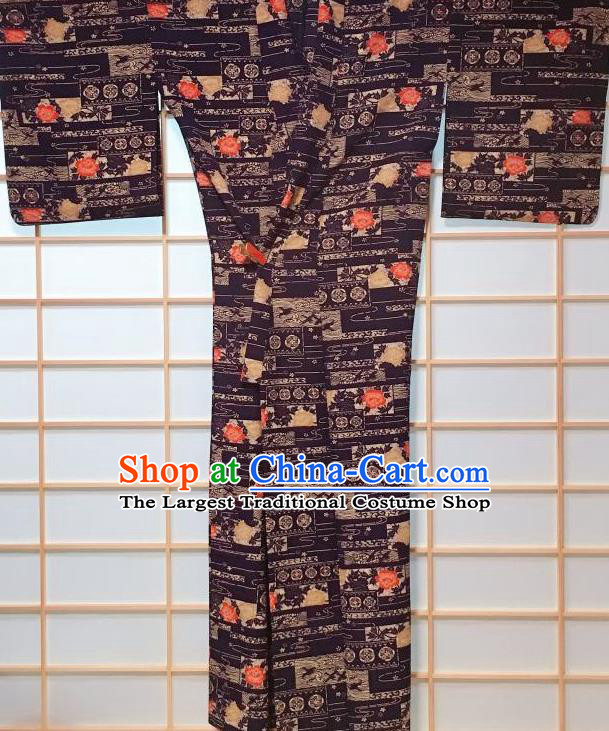 Japanese Classical Peony Pattern Purple Edo Komon Kimono Japan Traditional Yukata Dress Costume for Women
