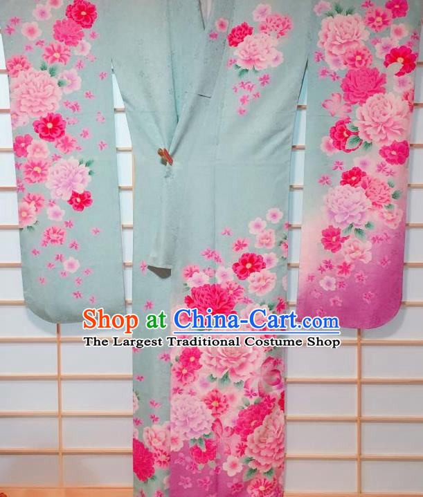 Japanese Classical Peony Pattern Blue Furisode Kimono Japan Traditional Yukata Dress Costume for Women