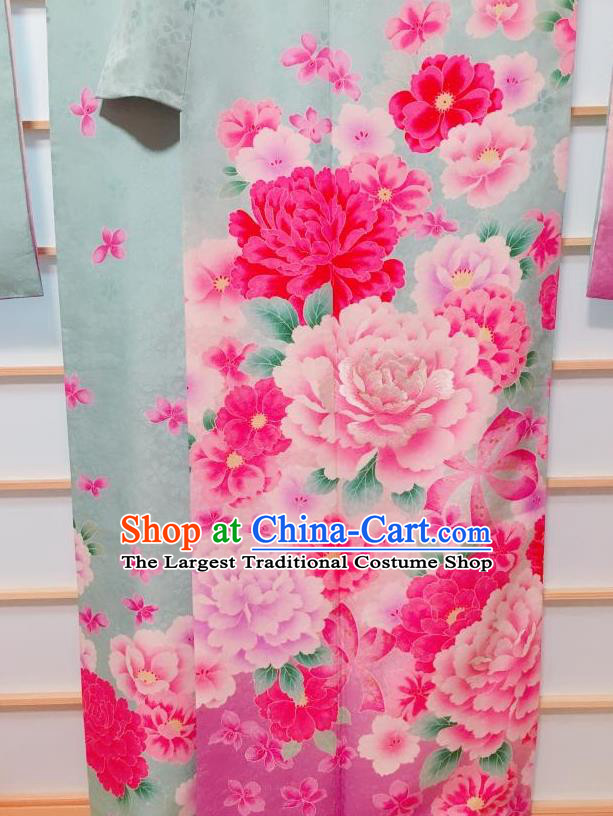 Japanese Classical Peony Pattern Blue Furisode Kimono Japan Traditional Yukata Dress Costume for Women