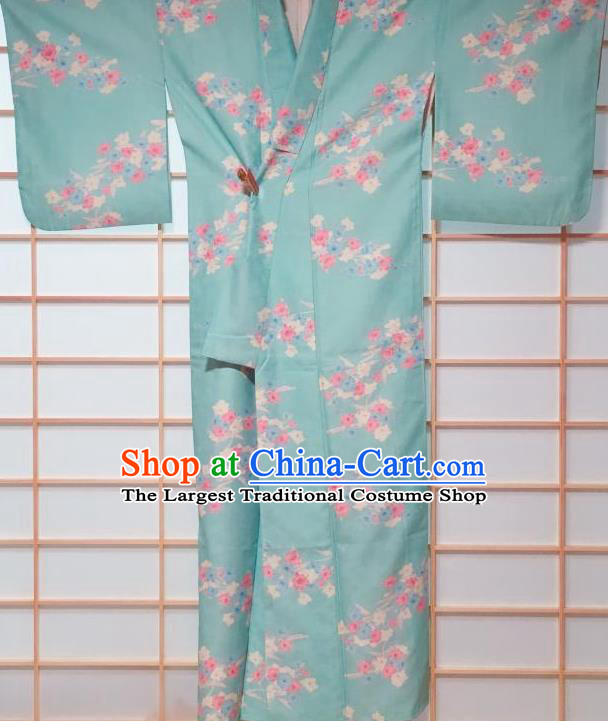 Traditional Japanese Green Kimono Japan Classical Flowers Pattern Yukata Dress Costume for Women