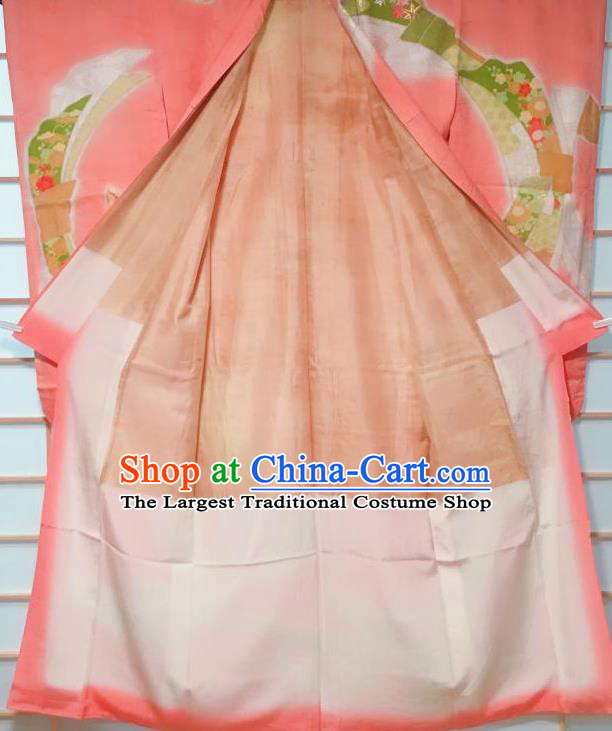 Traditional Japanese Pink Furisode Kimono Japan Classical Auspicious Pattern Yukata Dress Costume for Women