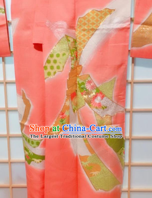 Traditional Japanese Pink Furisode Kimono Japan Classical Auspicious Pattern Yukata Dress Costume for Women