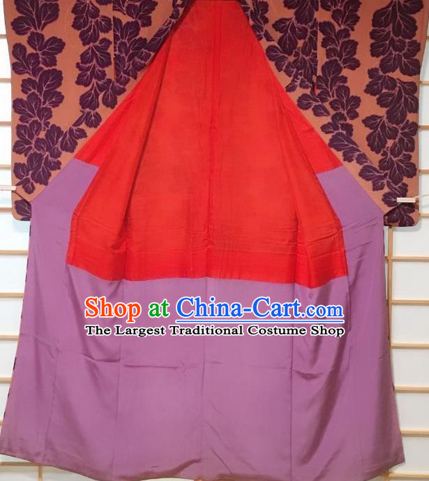 Japanese Classical Perilla Leaf Pattern Orange Edo Komon Kimono Japan Traditional Yukata Dress Costume for Women