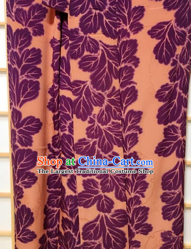 Japanese Classical Perilla Leaf Pattern Orange Edo Komon Kimono Japan Traditional Yukata Dress Costume for Women