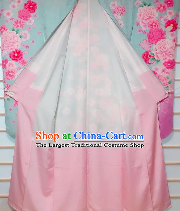 Japanese Classical Peony Pattern Blue Furisode Kimono Japan Traditional Yukata Dress Costume for Women