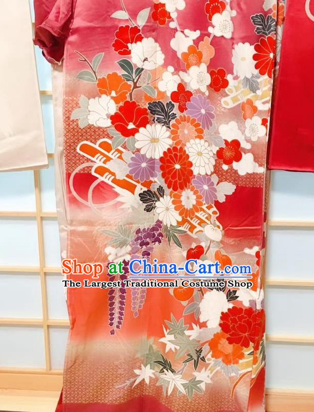 Japanese Classical Peony Crane Pattern Red Furisode Kimono Japan Traditional Yukata Dress Costume for Women