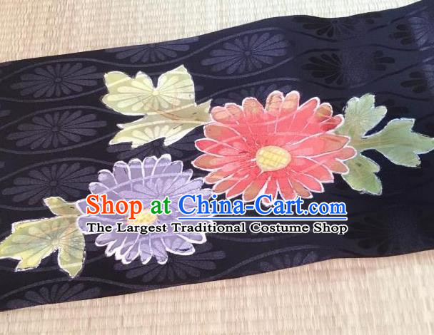 Japanese Nagoya Traditional Embroidered Chrysanthemum Black Brocade Waistband Japan Kimono Yukata Belt for Women