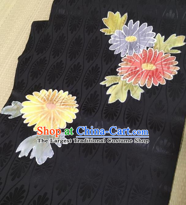 Japanese Nagoya Traditional Embroidered Chrysanthemum Black Brocade Waistband Japan Kimono Yukata Belt for Women