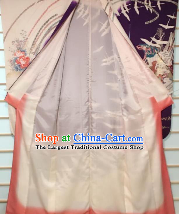 Japanese Classical Crane Chrysanthemum Pattern Purple Furisode Kimono Japan Traditional Yukata Dress Costume for Women