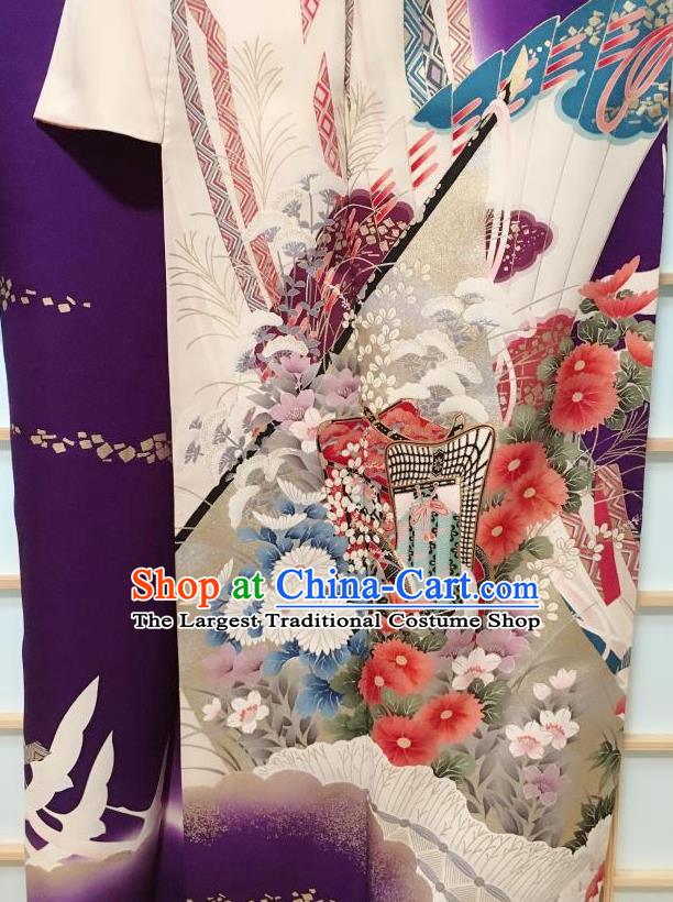 Japanese Classical Crane Chrysanthemum Pattern Purple Furisode Kimono Japan Traditional Yukata Dress Costume for Women