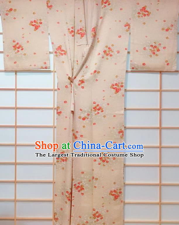 Japanese Classical Sakura Pattern Beige Tsukesage Kimono Japan Traditional Yukata Dress Costume for Women