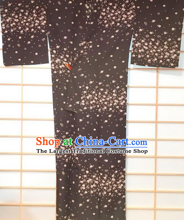 Japanese Classical Sakura Pattern Black Kimono Japan Traditional Yukata Dress Costume for Women